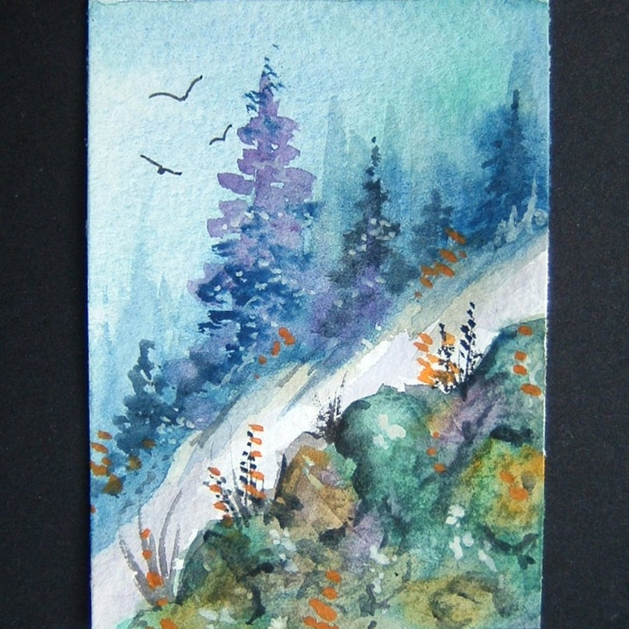winter snow mountain landscape original art watercolour painting aceo ref 188
