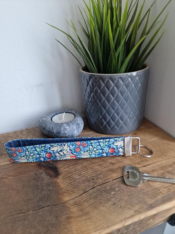 Handmade William Morris Green & Blue Wristlet Keyring - Upcycled Denim
