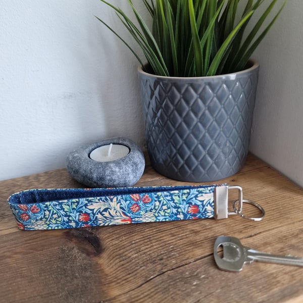 Handmade William Morris Green & Blue Wristlet Keyring - Upcycled Denim