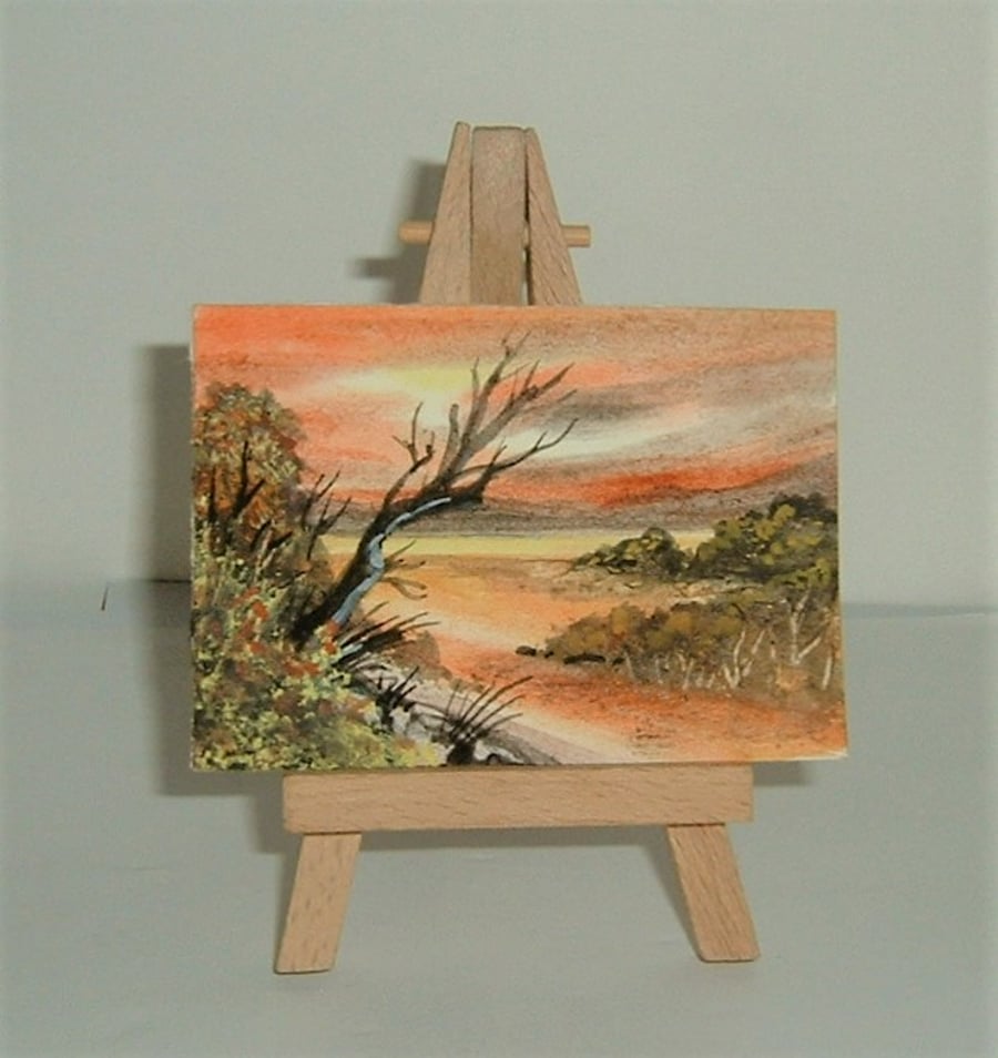 original art aceo atc watercolour sunset landscape ( ref F 822 )
