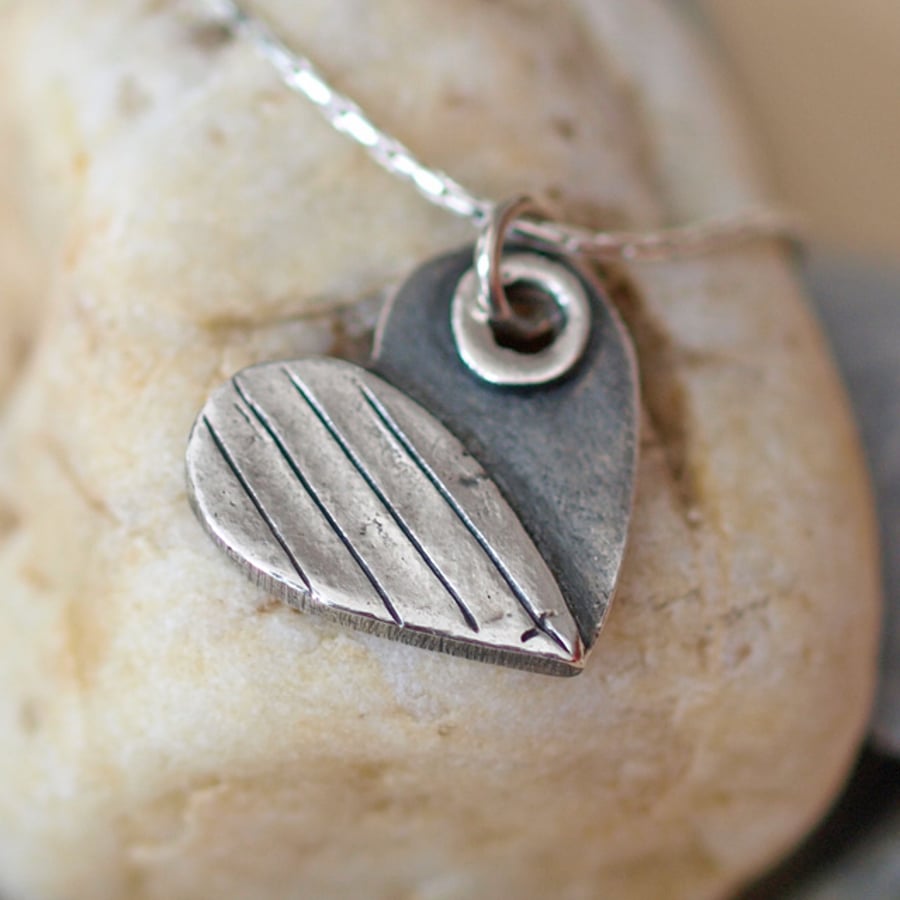 Half oxidized heart and strips pendant - handmade jewellery gift