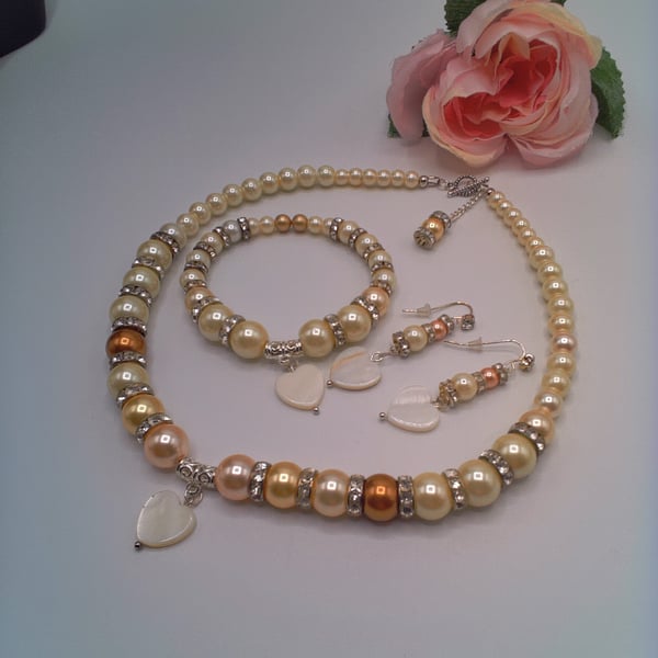 Cream Gold and Peach Pearl and Crystal 3 Piece Jewellery Set, Gift for Her