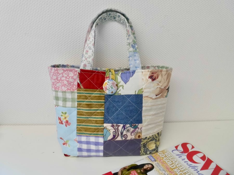 SOLD Patchwork tote bag short handles project bag shopping bag