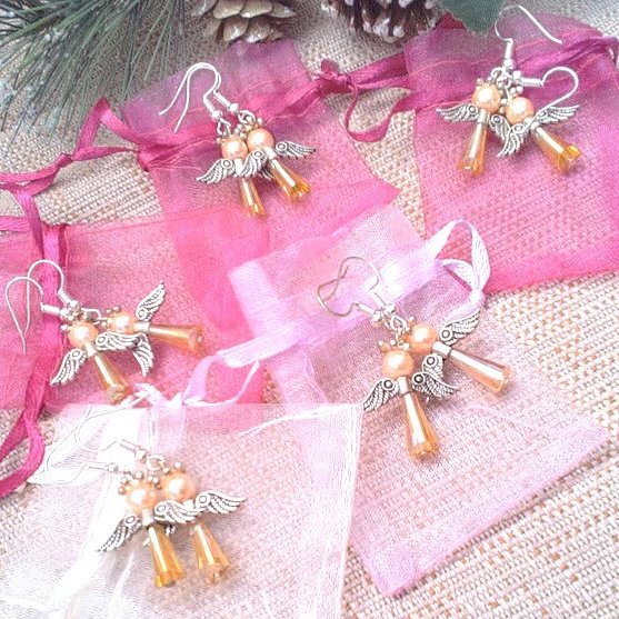 Christmas Angel Earrings with a Lemon Crystal Dress, Cream Head and Halo