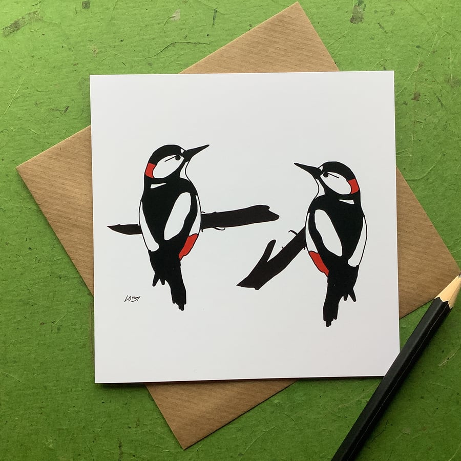 Woodpeckers. Greetings card. Blank inside. Birds. Wildlife