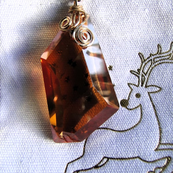 Wire wrapped copper coloured Swarovski Crystal Pendant on a gold chain Rare
