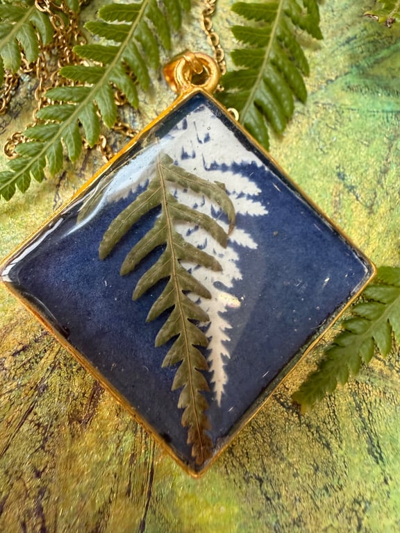 Cyanotype print and  real fern art pendant.