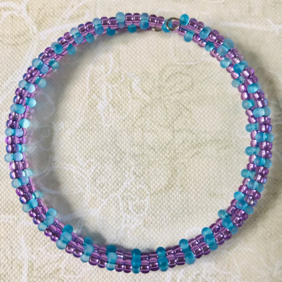 Frosted Aqua & Purple Seed Beaded Bracelet 
