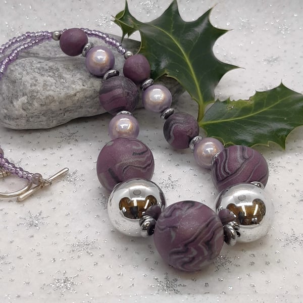 Chunky jewellery - mauve and silver necklace