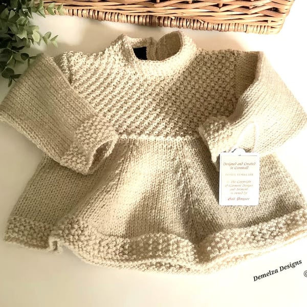 Designer Baby Girl's Hand Knitted Beige Tunic Jumper-Dress  6-12 Months size