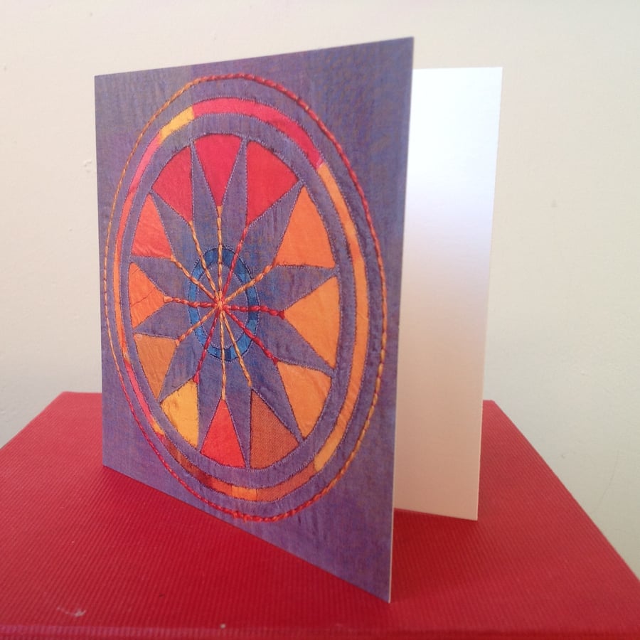 Sunburst circle greetings card, print of embroidery