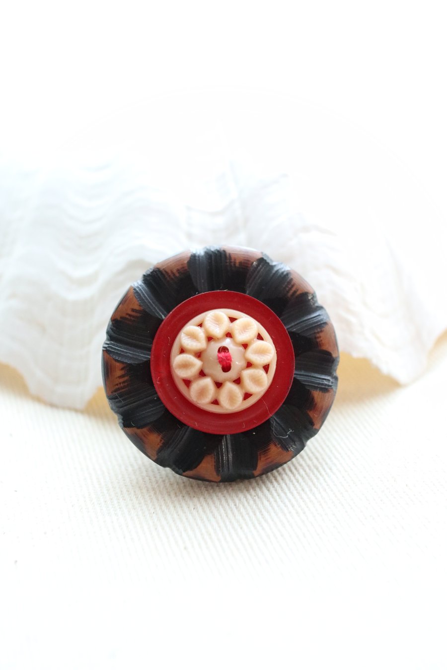 Black, Beige and Red Vintage Button Statement Pin