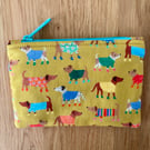 Small zipped fabric purse, pouch, make up bag, gold with fun dogs print.
