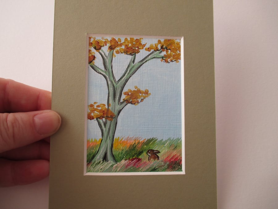 ACEO Rabbit Bunny original miniature picture painting mounted affordable art