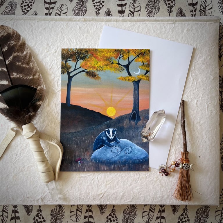 Autumn Leaves Greetings Card (Pagan,Wiccan,Badger,Autumn Equinox,sunset)