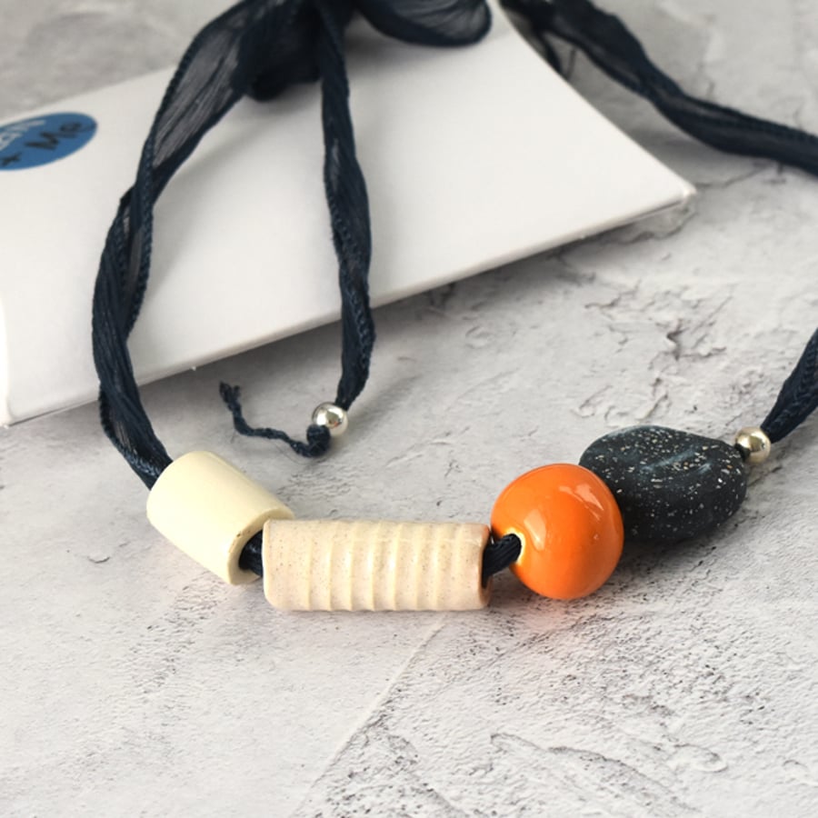 Hand-formed Ceramic Bead Necklace with Silk Ribbon