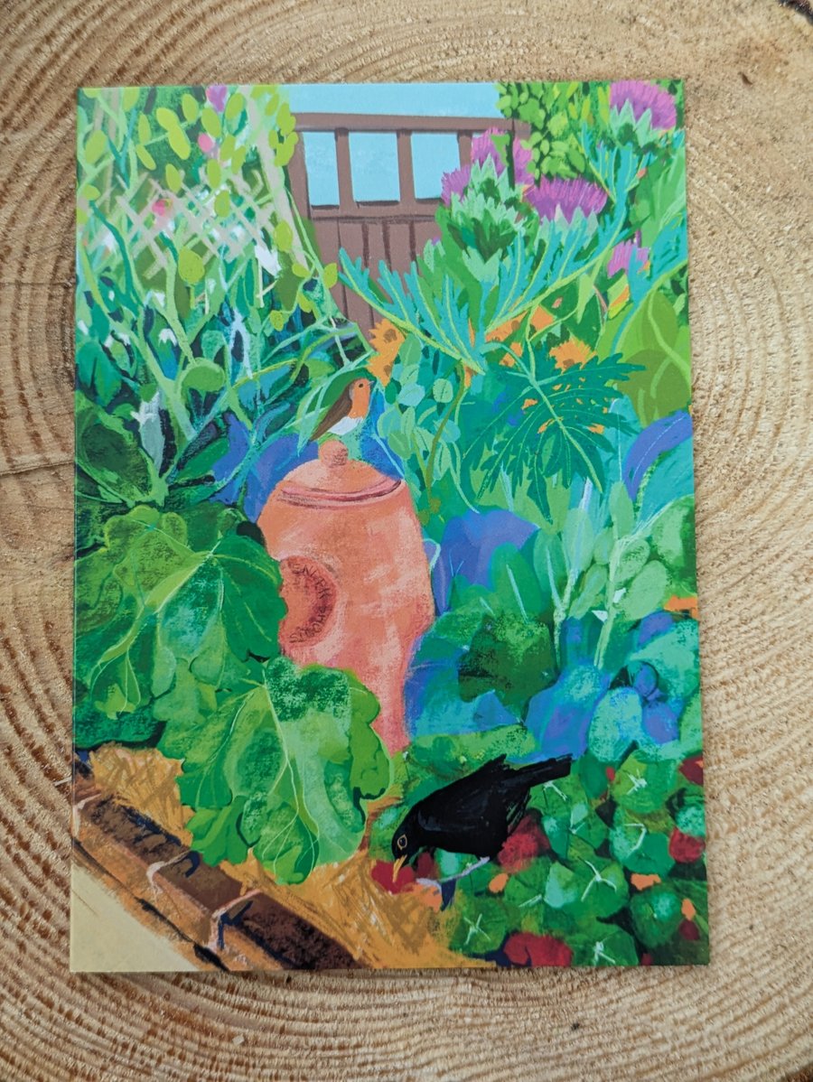 Garden illustration card birds veg plot blank card