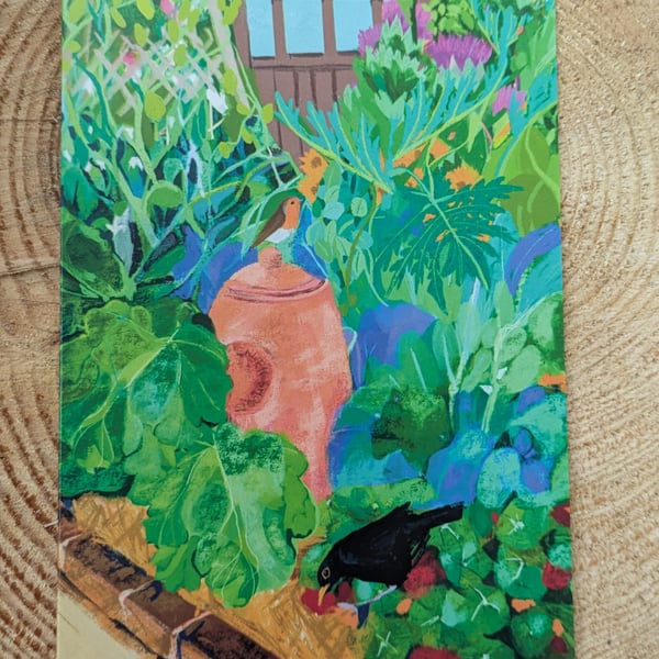 Garden illustration card birds veg plot blank card