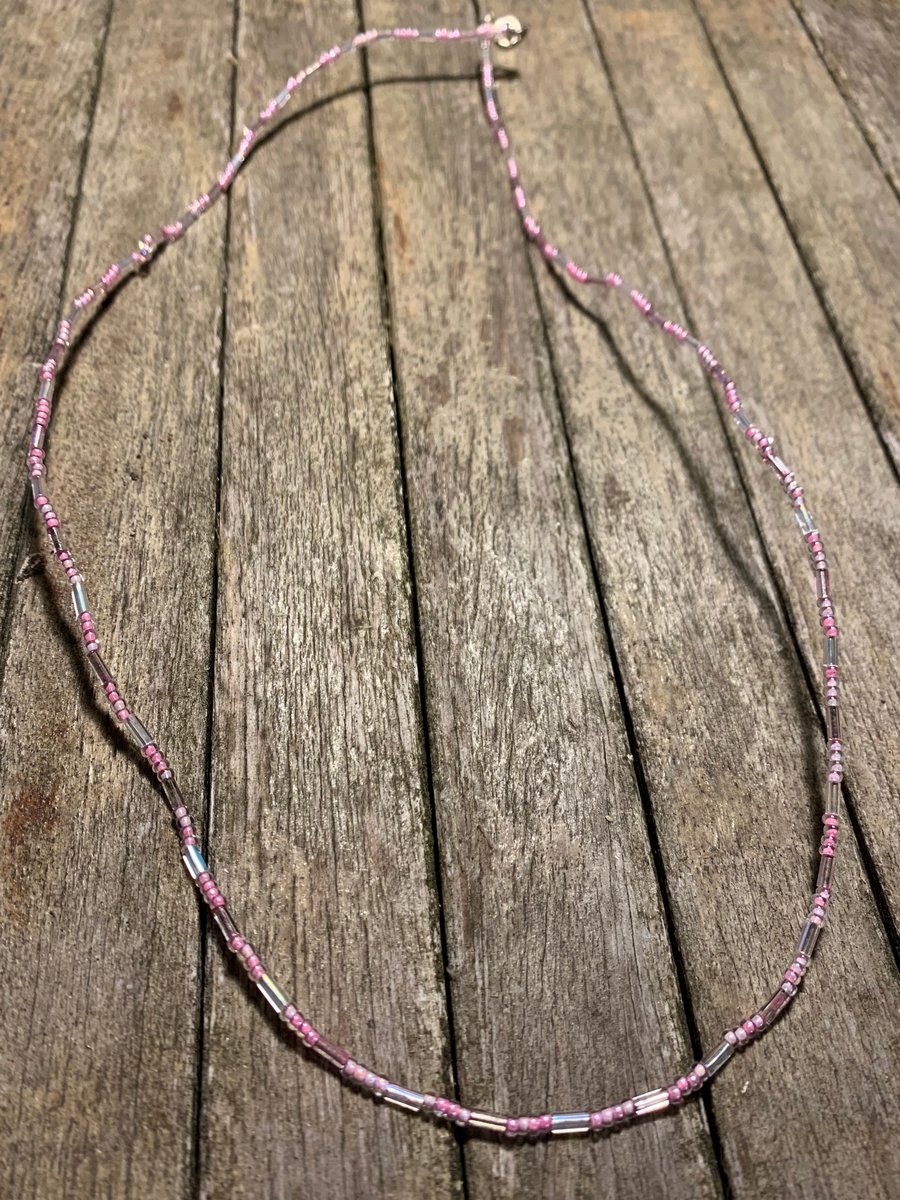SALE! Thin pink seed and glass bead long necklace