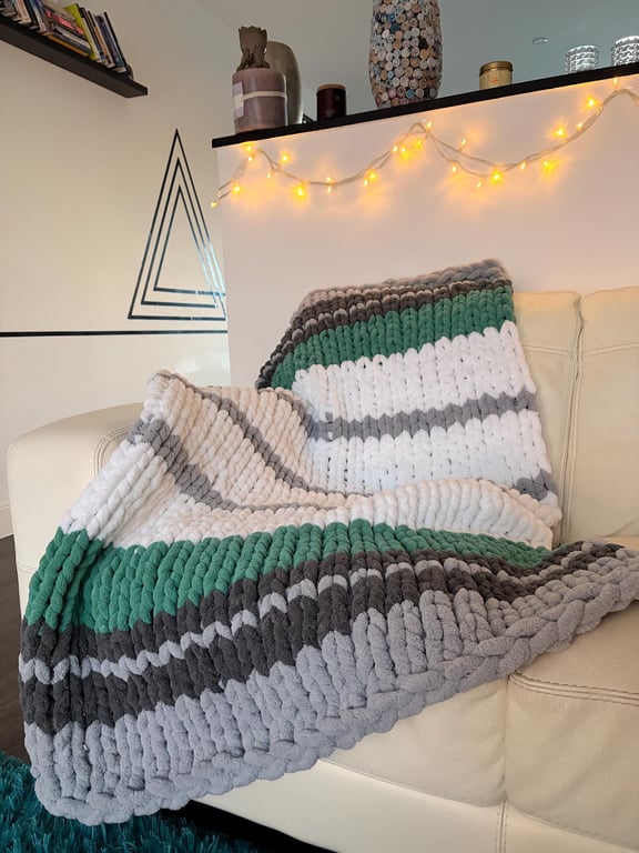 Grey Minimalist Knit Throw, Chunky Hand Knitted Chenille Blanket