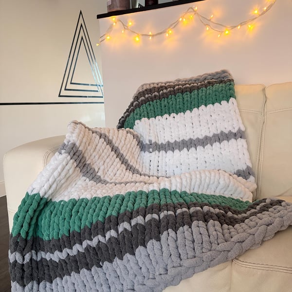 Grey Minimalist Knit Throw, Chunky Hand Knitted Chenille Blanket