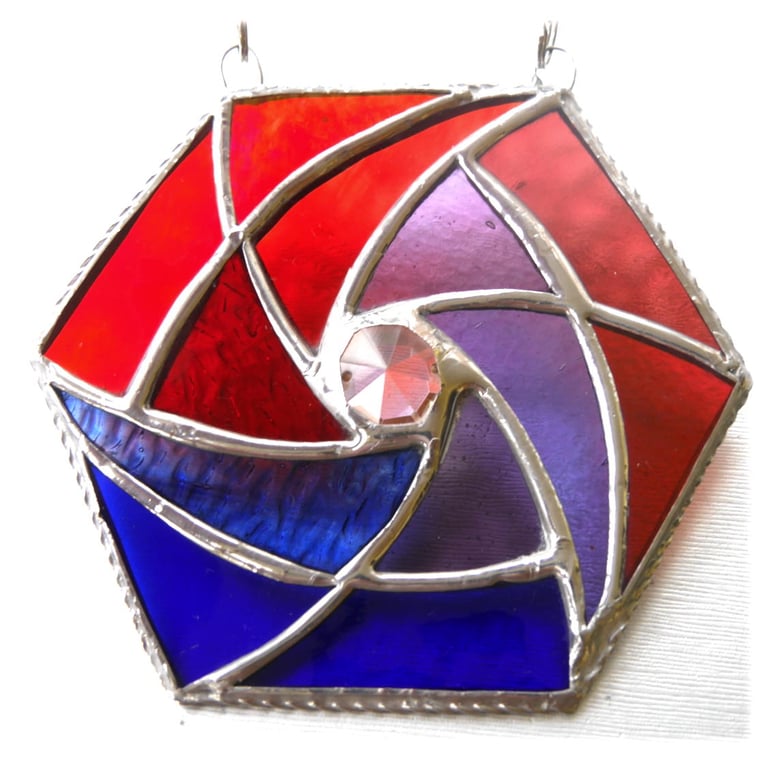 Hexagon Suncatcher Stained Glass Red Blues Handmade