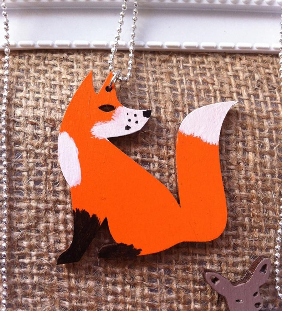 HALF PRICE Hand painted wooden FOX necklace with silver plated snake chain