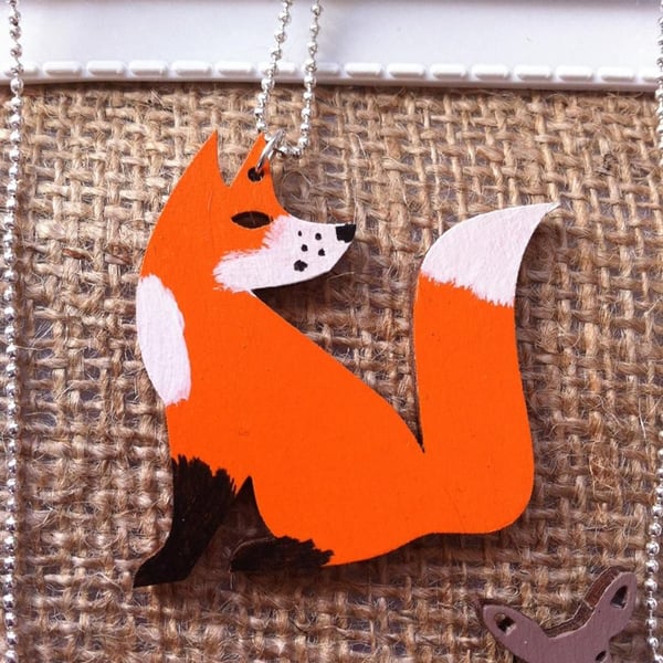 HALF PRICE Hand painted wooden FOX necklace with silver plated snake chain