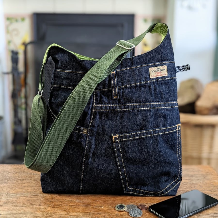 Recycled Denim Bucket Bag with Olive Green Strap 