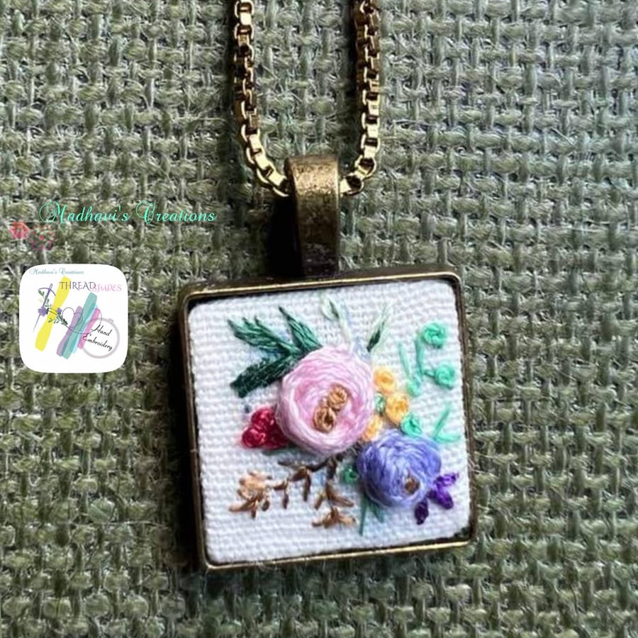 Embroidery necklace,rose flowers design, bronze settings, little square, hand em