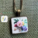 Embroidery necklace,rose flowers design, bronze settings, little square, hand em
