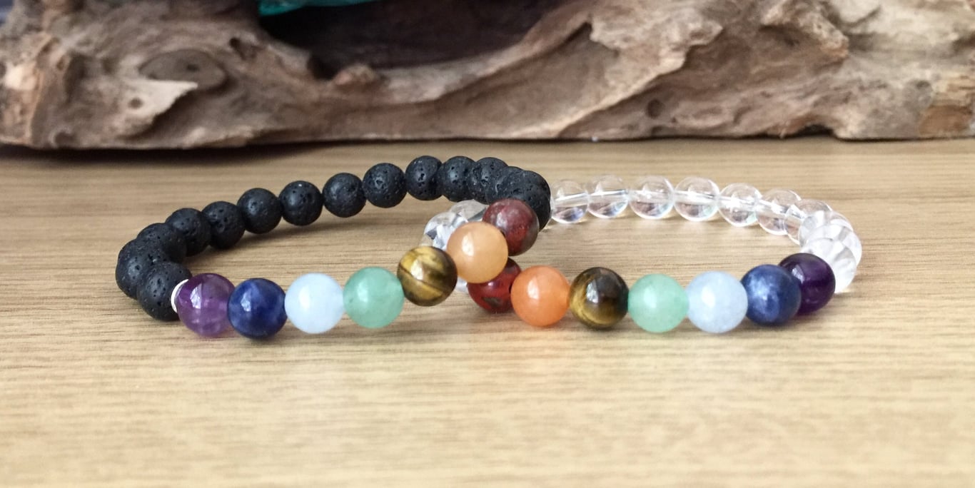 Children's Chakra Bracelet, Choose Lava Rock or Crystal Quartz 