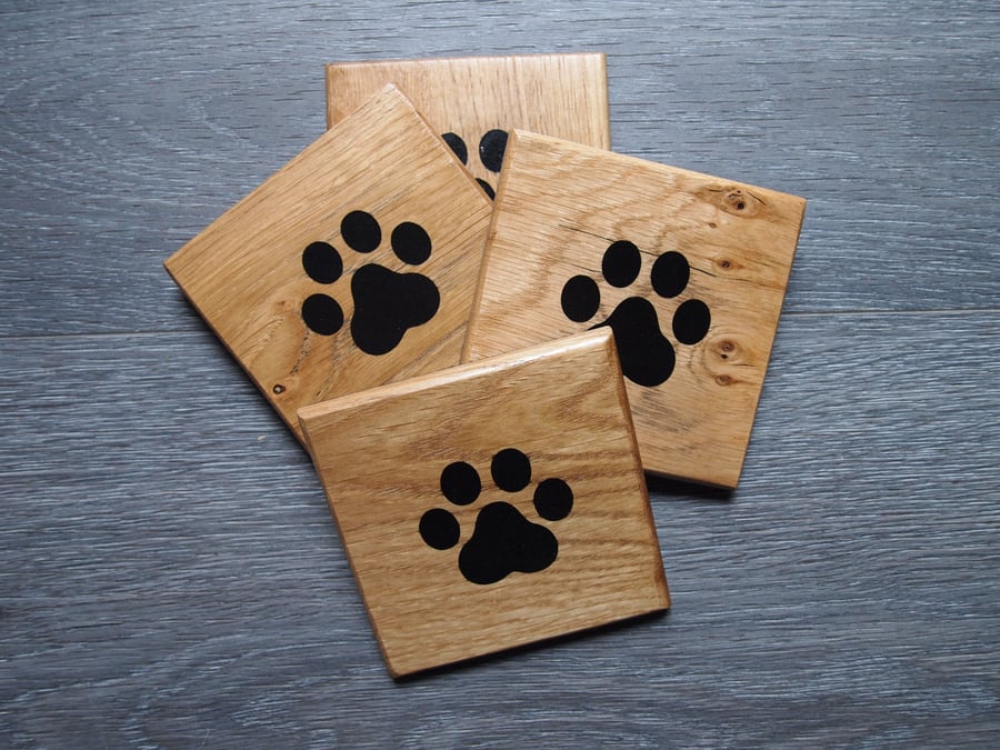 Paw Print Coaster Solid Oak with Resin