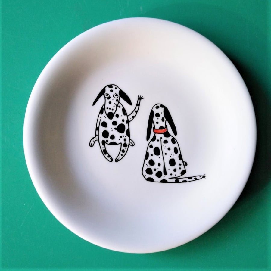 Small shallow dish, decorated with two friendly Dalmatians with red collars.