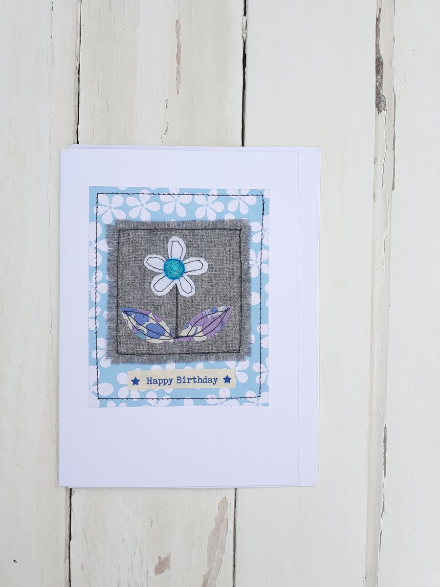 Handmade free motion embroidery flower birthday card