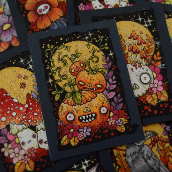 demonic pumpkin pile - original aceo illustration