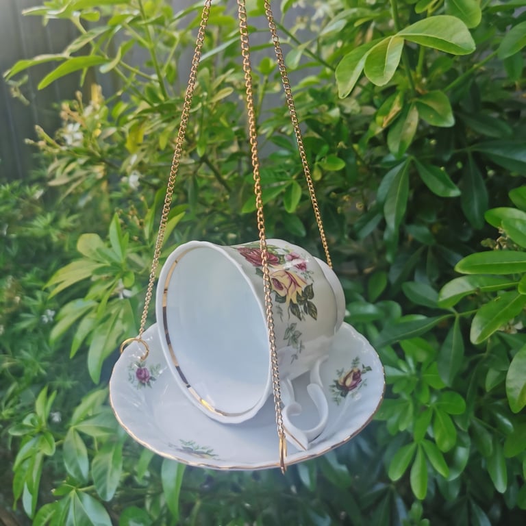 Vintage Rose Teacup Bird Feeder - Upcycled Bone China Hanging Bird Feeder - Hand