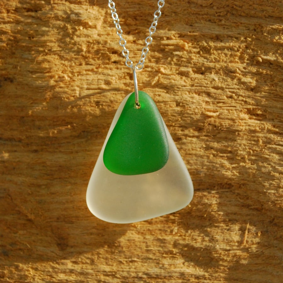 Green and white beach glass pendant