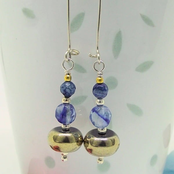 Blue and gold drop earrings