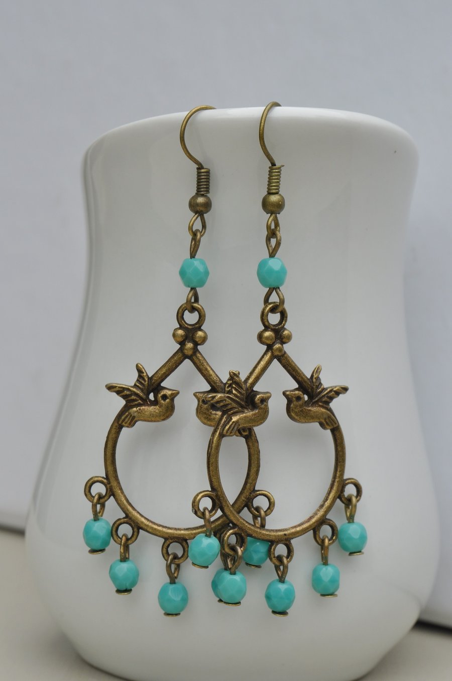 Wings of Love Chandelier Bird Earrings with Czech turquoise beads
