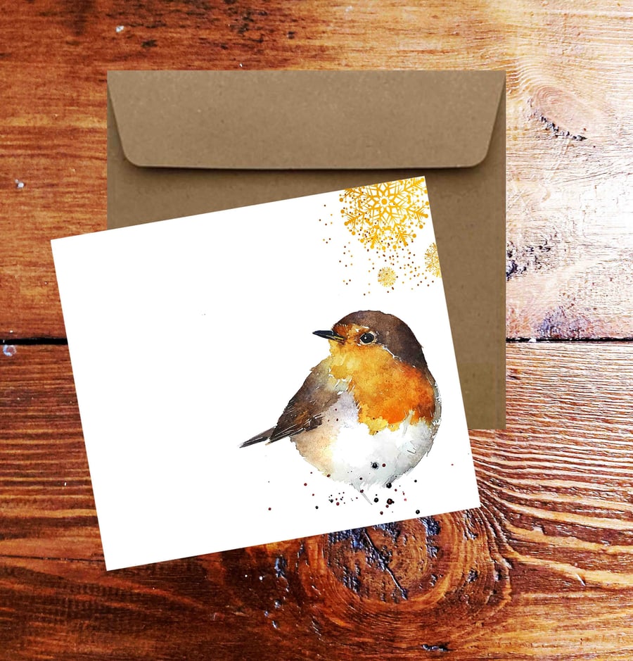 Robin Watercolour Art Square Christmas Card(s) Single Pack of 6.Robin Watercolou