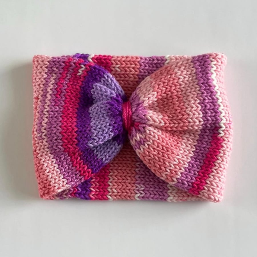 Pink Chunky Ear Warmer, Purple Cinched Bow headband, perfectly imperfect 