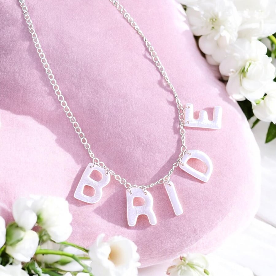 Handmade ‘BRIDE’ Pearl Clay Necklace – Fun Hen Party Statement Jewellery for the