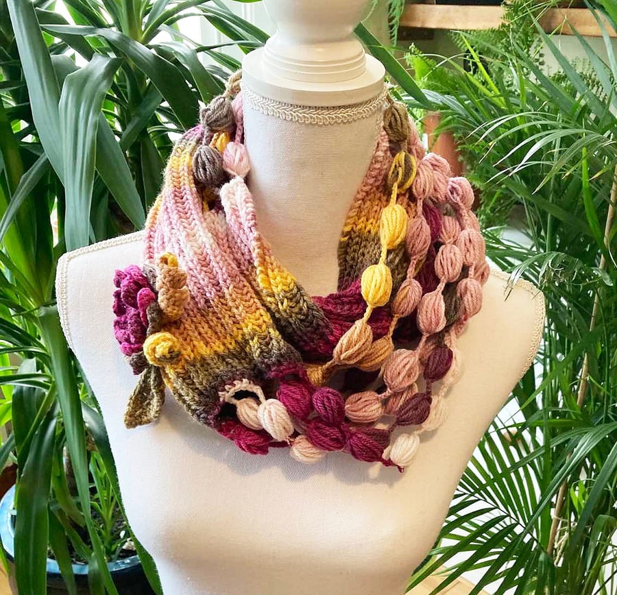 Colorful batik crochet scarf Hand knit wrap shawl with pom poms boho wrap