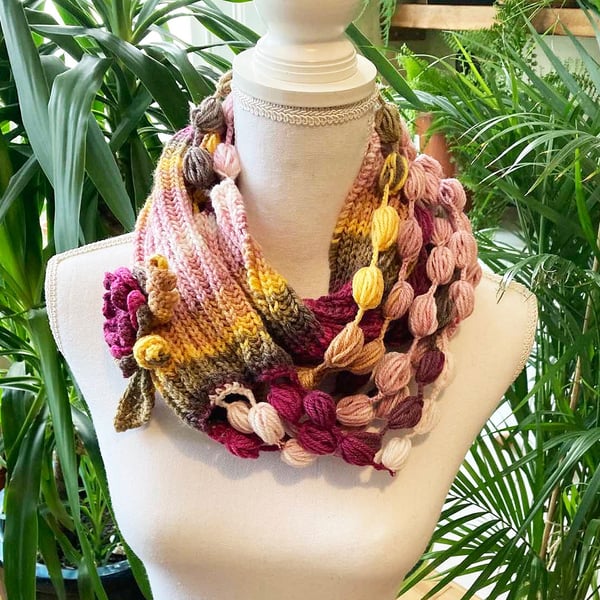 Colorful batik crochet scarf Hand knit wrap shawl with pom poms boho wrap