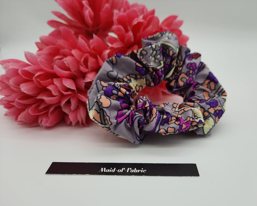 Hair scrunchie in purple pattern fabric. 3 for 2 offer.