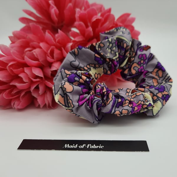 Hair scrunchie in purple pattern fabric. 3 for 2 offer.