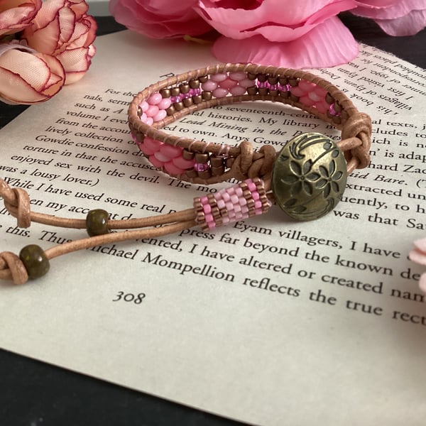 Boho bracelet Pretty pink beaded leather wrap adjustable boho bracelet