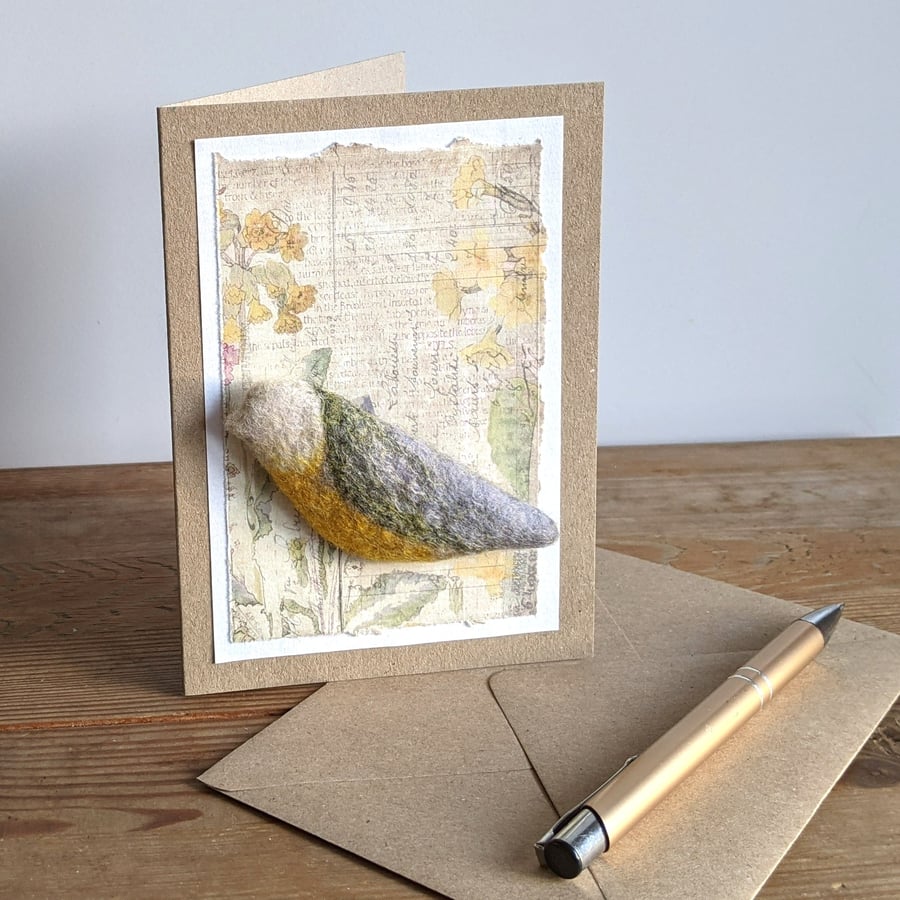 Brooch on a card - felted bird - yellow breasted