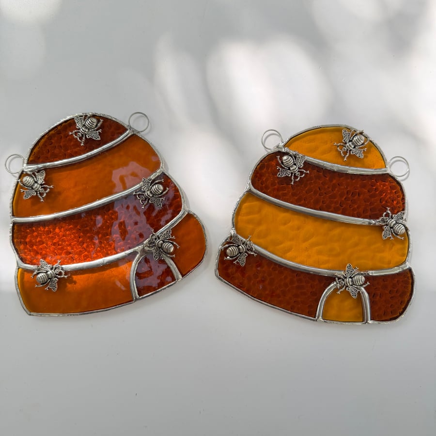 Stained Glass Beehive Suncatcher - Handmade Window Decoration - Mini Bee Cluster